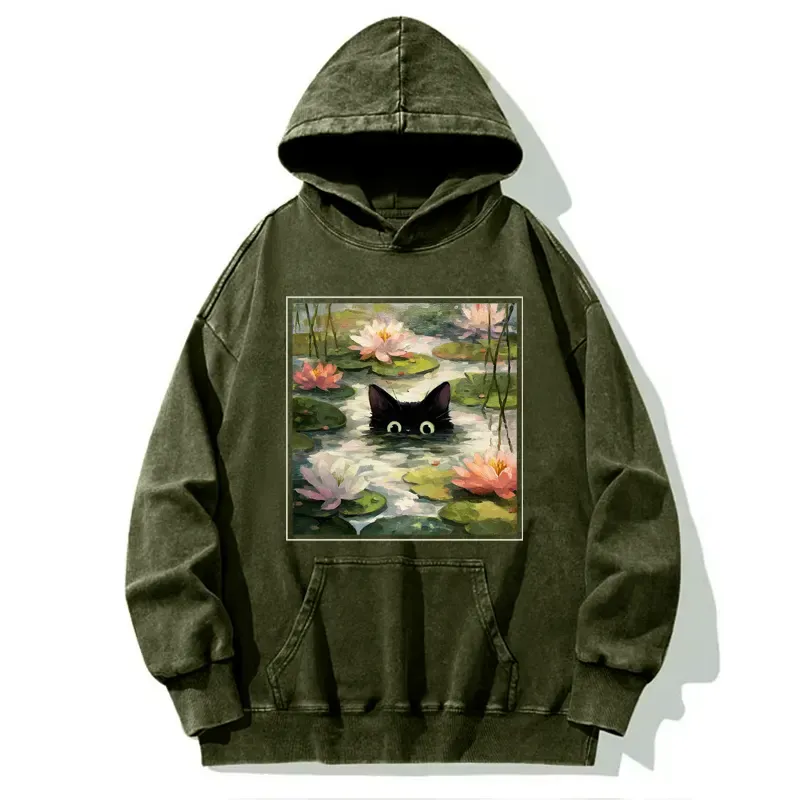 Tokyo-Tiger Black Cat and Lotus Flower Washed Hoodie