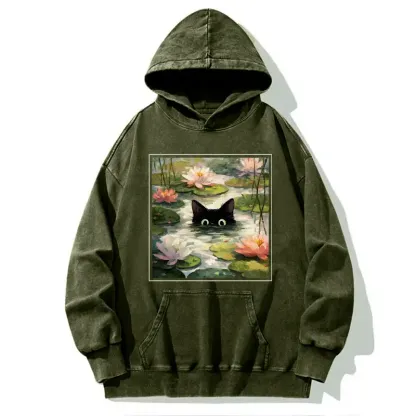 Tokyo-Tiger Black Cat and Lotus Flower Washed Hoodie