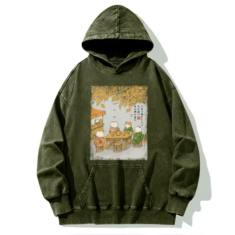 Tokyo-Tiger Cats Drinking Tea Under The Tree Washed Hoodie