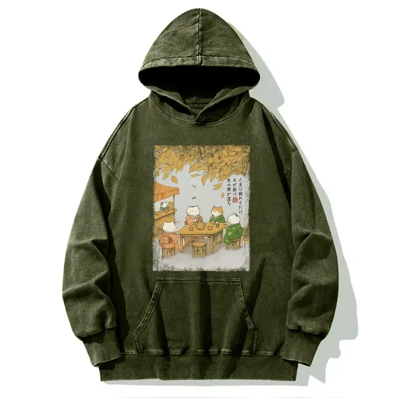 Tokyo-Tiger Cats Drinking Tea Under The Tree Washed Hoodie