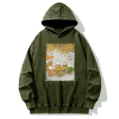 Tokyo-Tiger Cats Drinking Tea Under The Tree Washed Hoodie