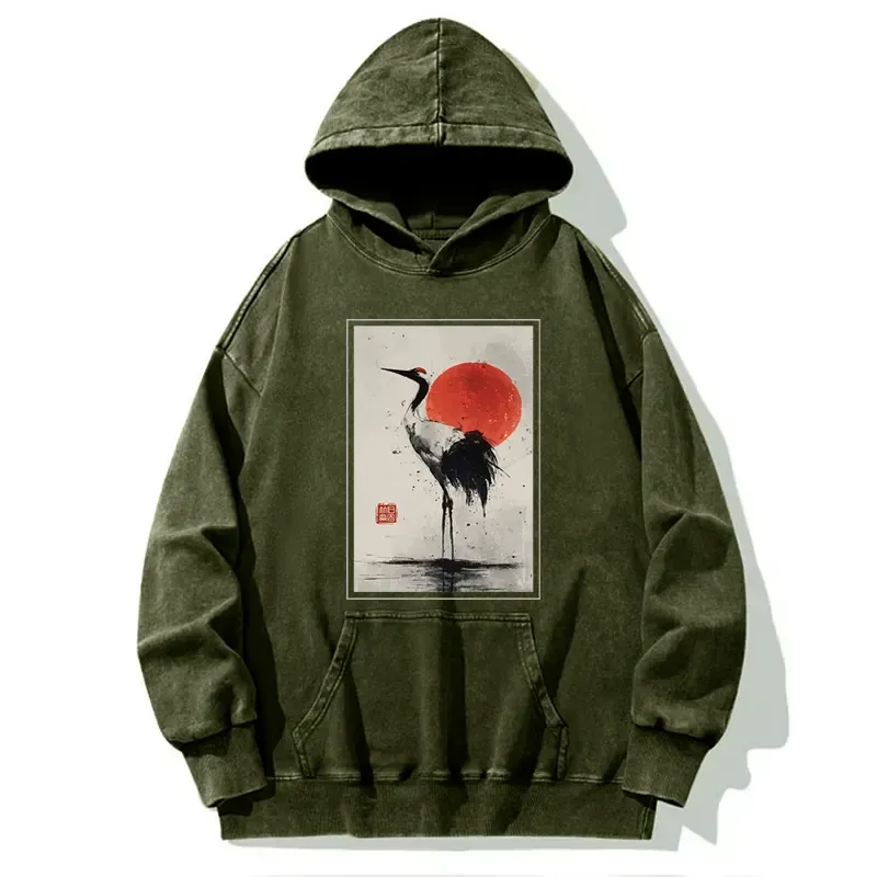 Tokyo-Tiger Retro Japanese Red-crowned Crane Washed Hoodie