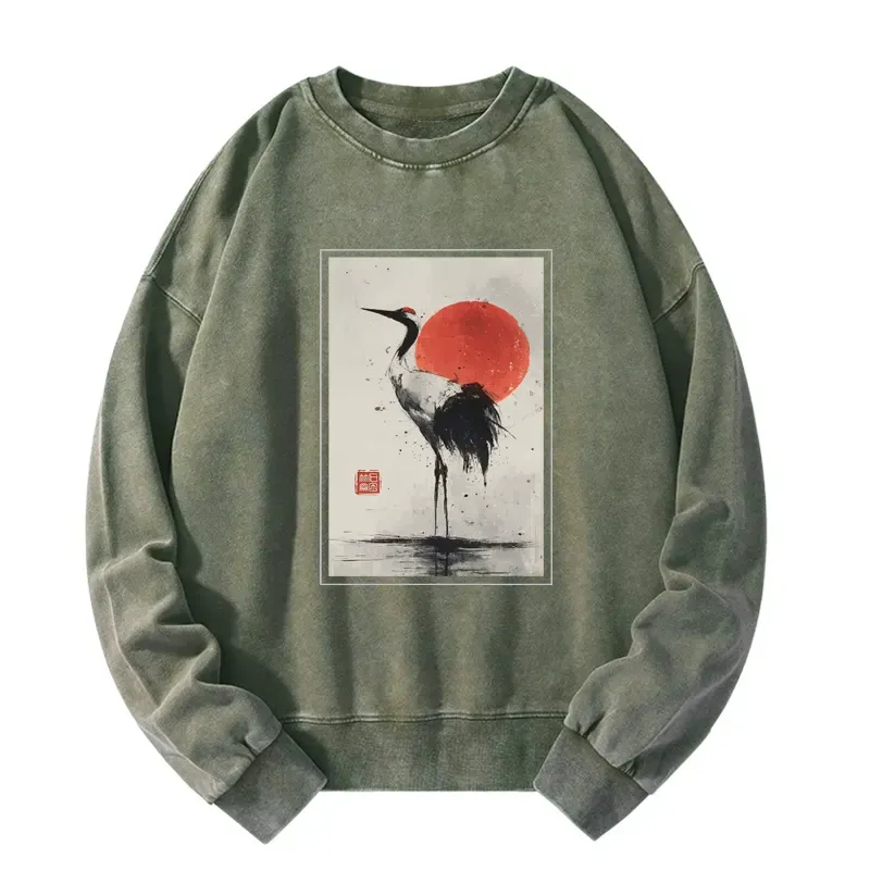Tokyo-Tiger Retro Japanese Red-crowned Crane Washed Sweatshirt