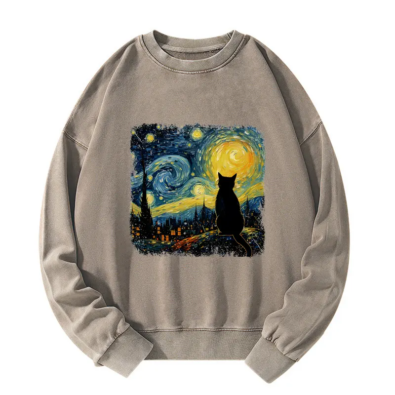 Tokyo-Tiger The Starry Night Cat Washed Sweatshirt
