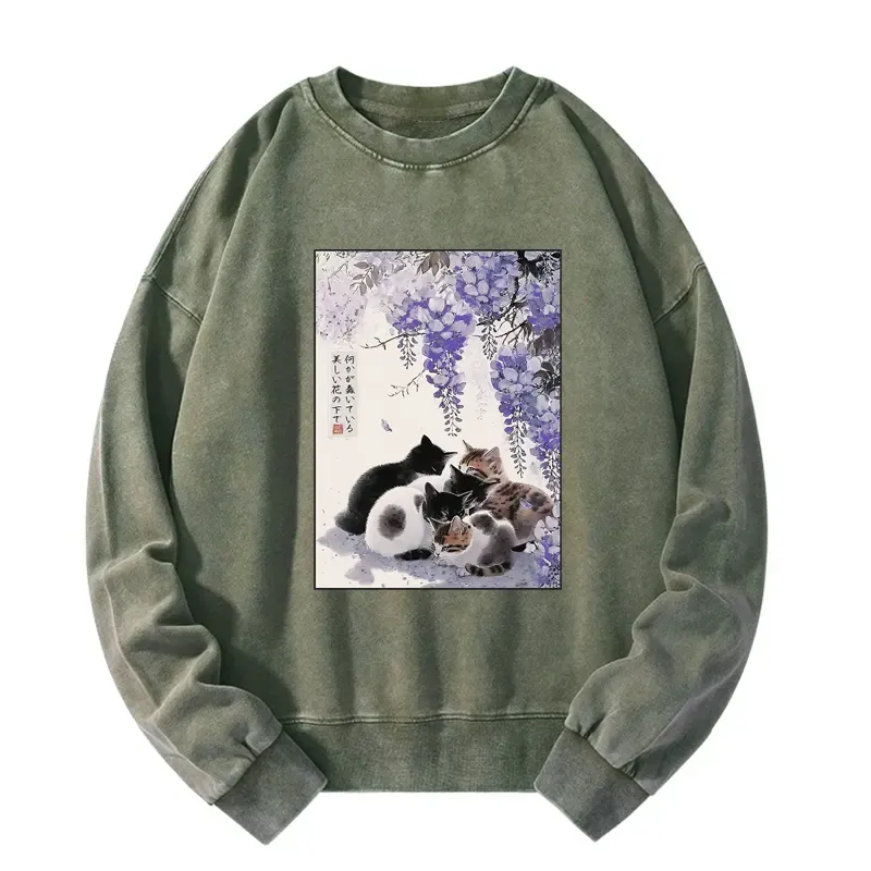 Tokyo-Tiger Cats plotting under the wisteria Washed Sweatshirt