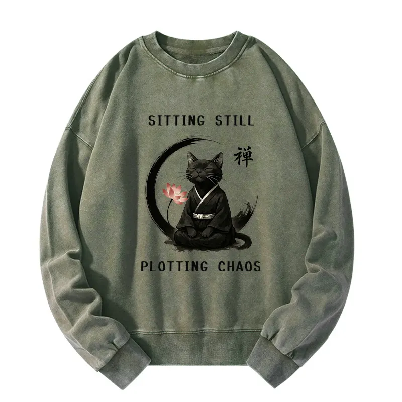 Tokyo-Tiger Sitting still  plotting chaos Calming Zen Cat Funny Washed Sweatshirt