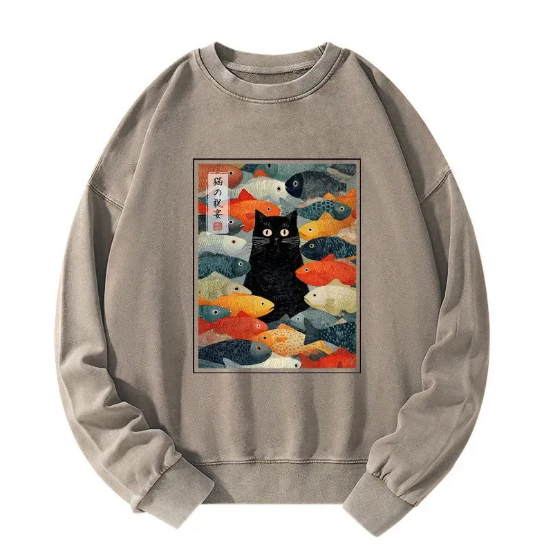 Tokyo-Tiger The Cat's Feast of Fish Washed Sweatshirt