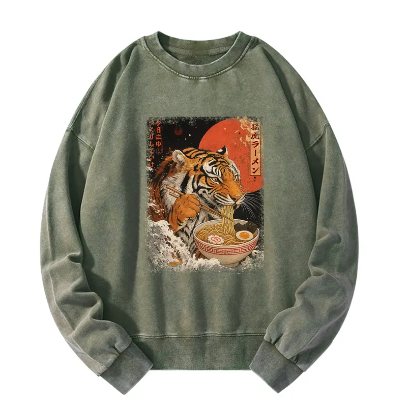 Tokyo-Tiger Ukiyoe Japan Tiger Eating Ramen Washed Sweatshirt