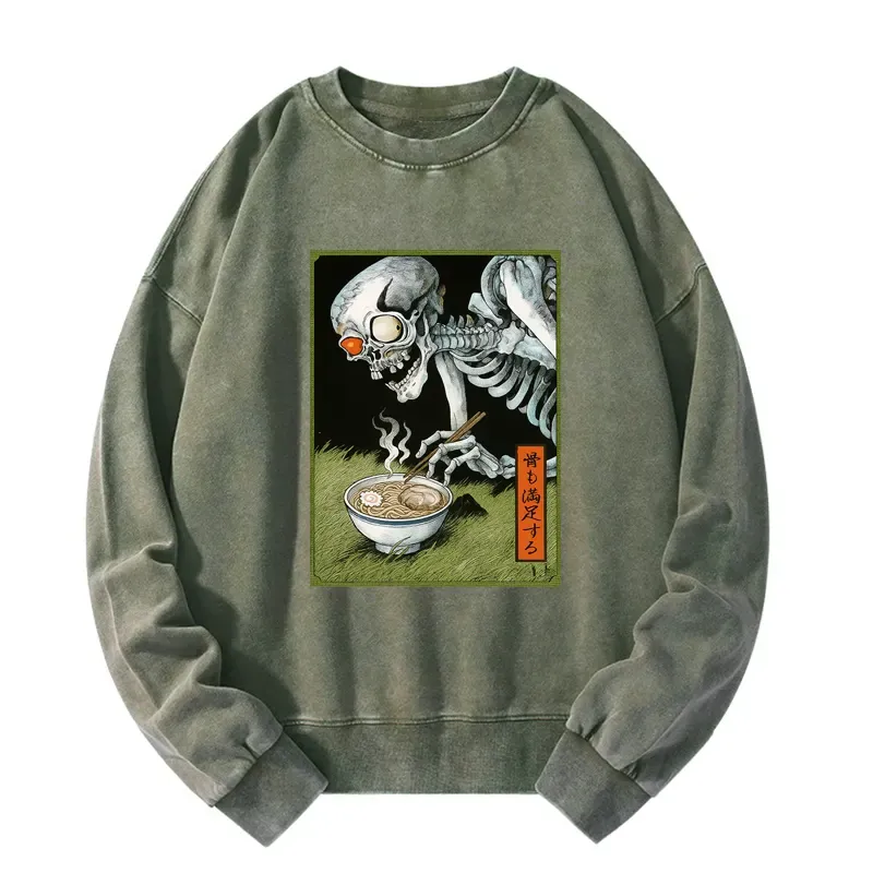 Tokyo-Tiger Ukiyo-e Skeleton Eating Ramen Washed Sweatshirt