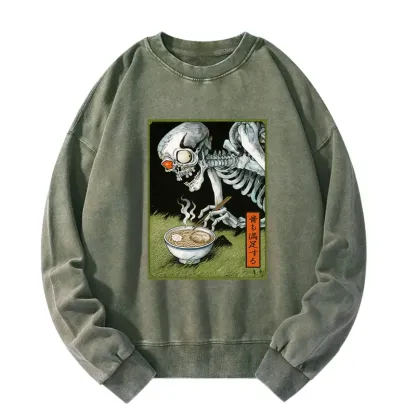 Tokyo-Tiger Ukiyo-e Skeleton Eating Ramen Washed Sweatshirt