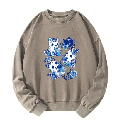 Tokyo-Tiger Blue And White Porcelain Washed Sweatshirt