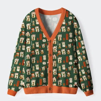 Tokyo-Tiger Lucky Cats Endless Fortune Ugly Cardigan Sweater