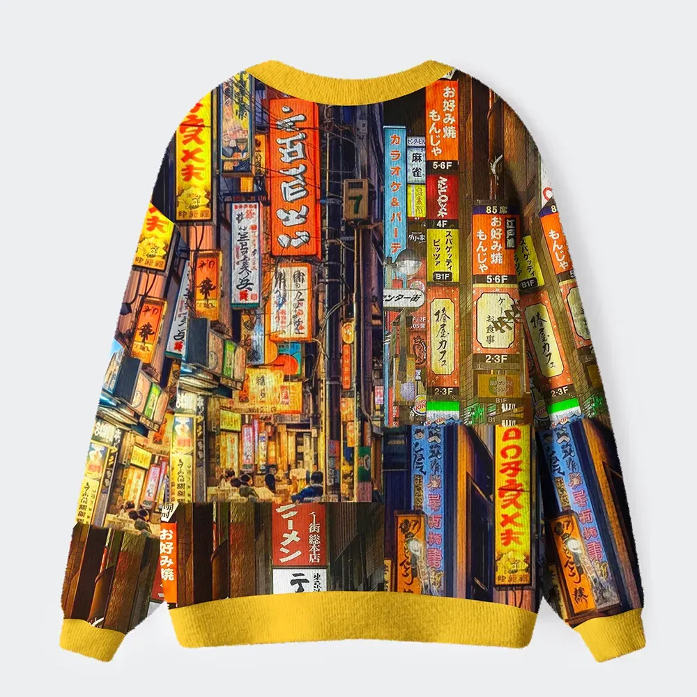 Tokyo-Tiger A Walk Through Japan's Night Glow Ugly Cardigan Sweater
