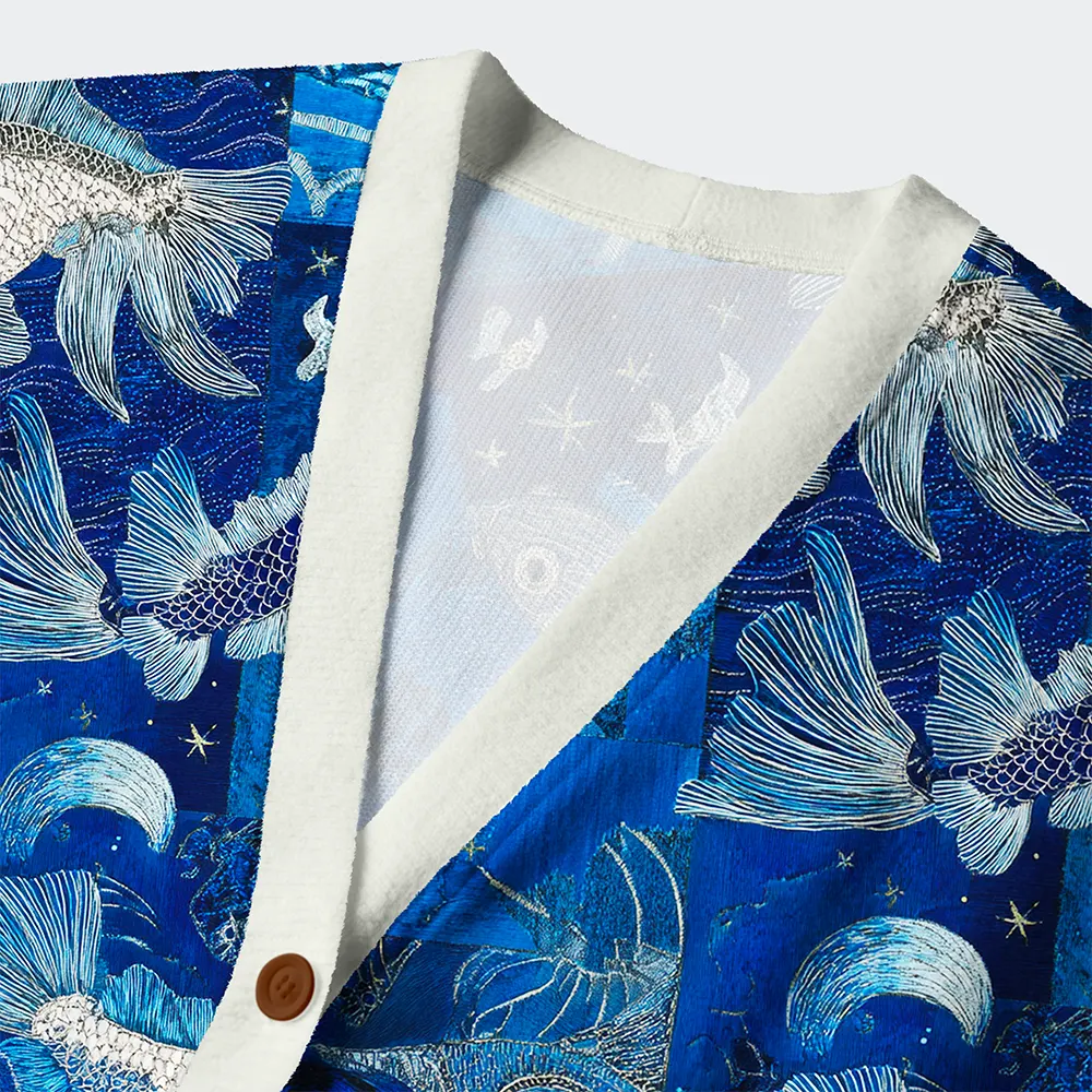 Tokyo-Tiger Dancing Fish Under The Moonlight Ugly Cardigan Sweater