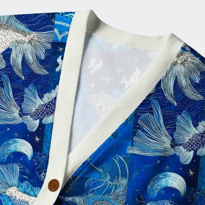 Tokyo-Tiger Dancing Fish Under The Moonlight Ugly Cardigan Sweater