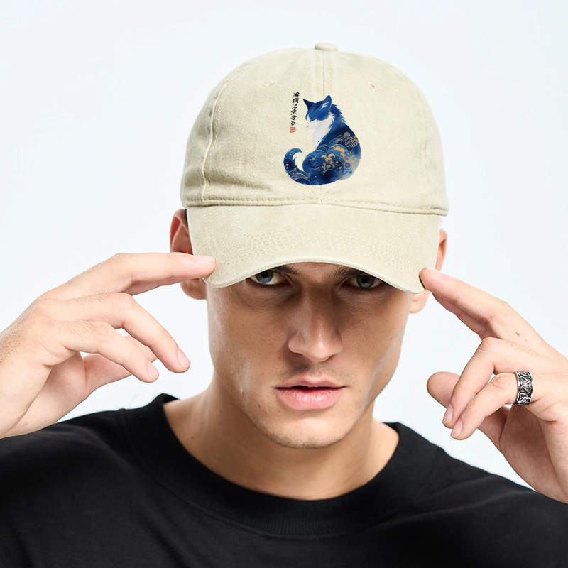 Tokyo-Tiger Retro Zen Cat: Living the Present Washed Cap