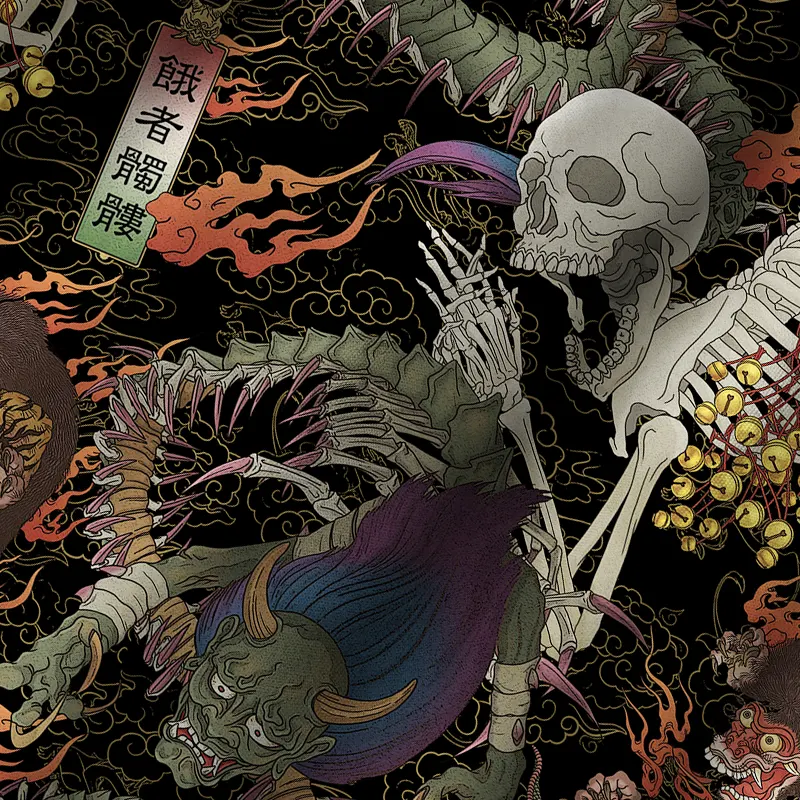 Tokyo-Tiger Japanese Yokai And Skeletons Cuban Collar Shirt