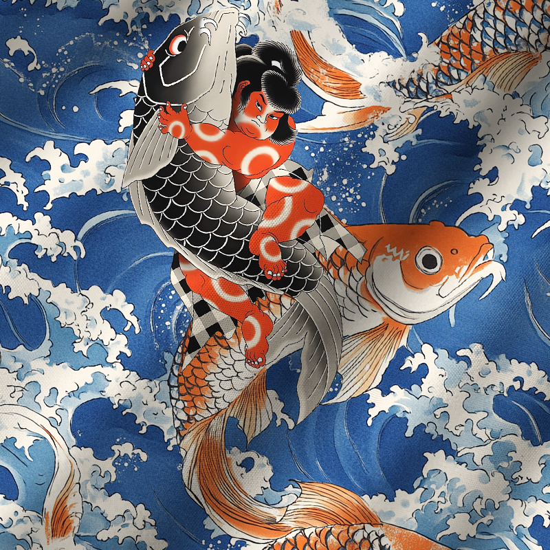 Tokyo-Tiger Sumo Wrestler Holding A Koi Cuban Collar Shirt