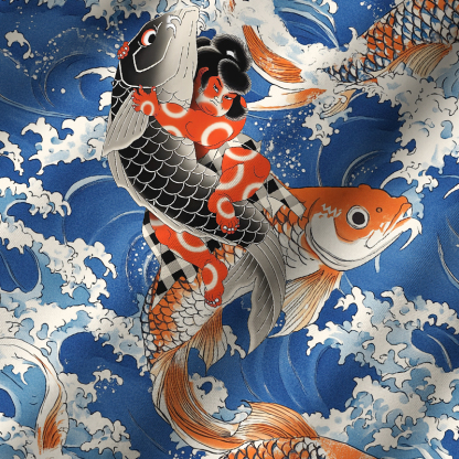 Tokyo-Tiger Sumo Wrestler Holding A Koi Cuban Collar Shirt