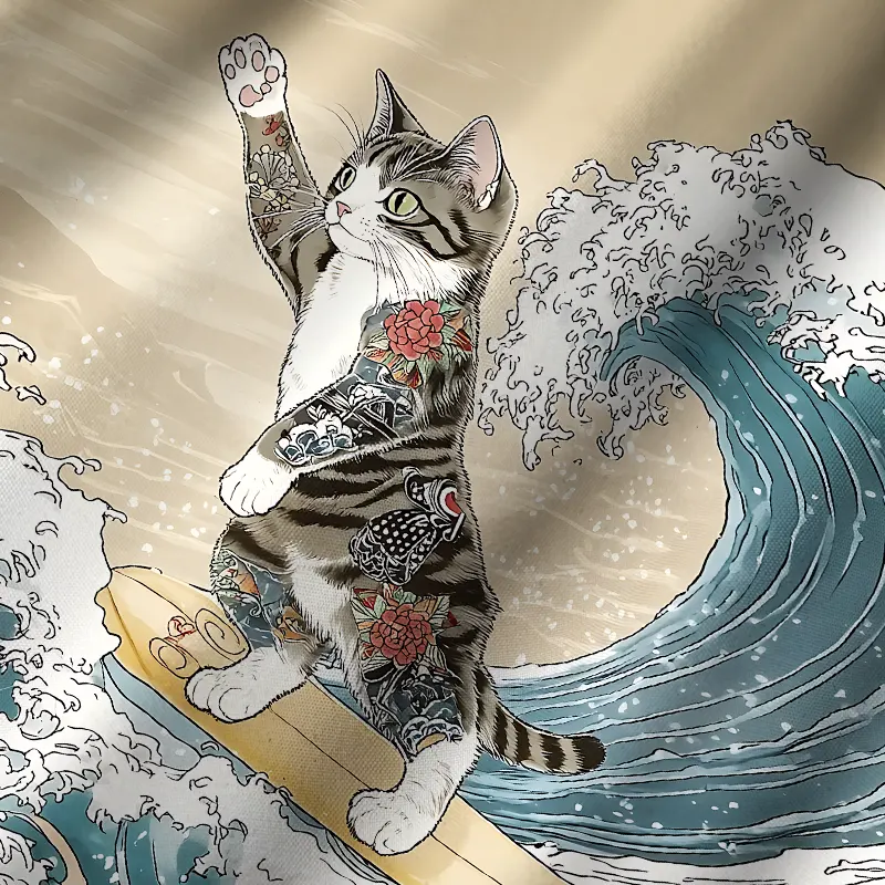 Tokyo-Tiger Cat Surfing Cuban Collar Shirt