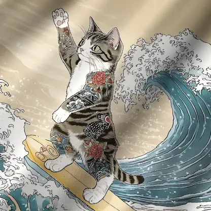 Tokyo-Tiger Cat Surfing Cuban Collar Shirt