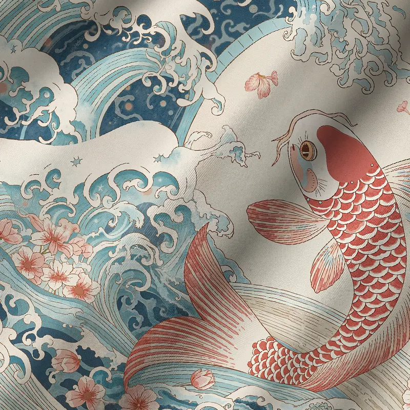 Tokyo-Tiger Koi With Sakura Waves Cuban Collar Shirt