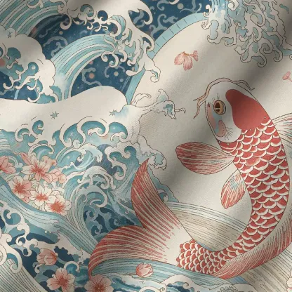 Tokyo-Tiger Koi With Sakura Waves Cuban Collar Shirt