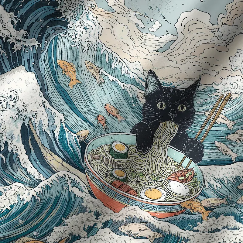 Tokyo-Tiger Naughty Cat Eating Ramen Cuban Collar Shirt