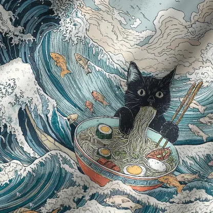 Tokyo-Tiger Naughty Cat Eating Ramen Cuban Collar Shirt