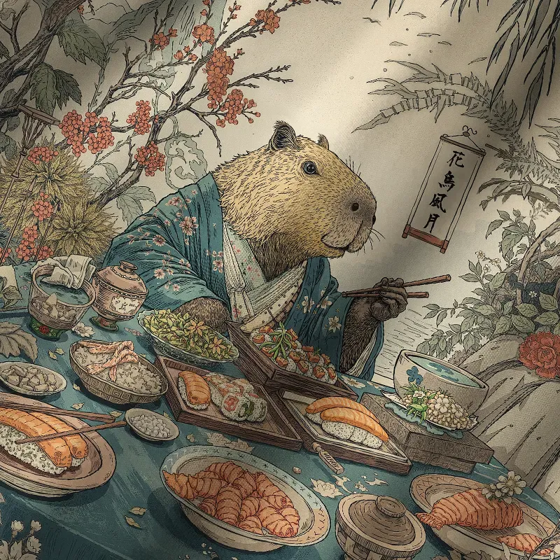 Tokyo-Tiger Capybara Enjoying Sushi Feast Cuban Collar Shirt