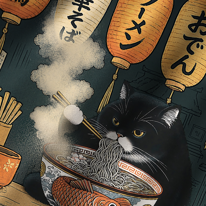 Tokyo-Tiger Fat Cat Eating Ramen Cuban Collar Shirt