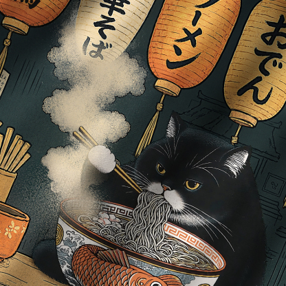 Tokyo-Tiger Fat Cat Eating Ramen Cuban Collar Shirt