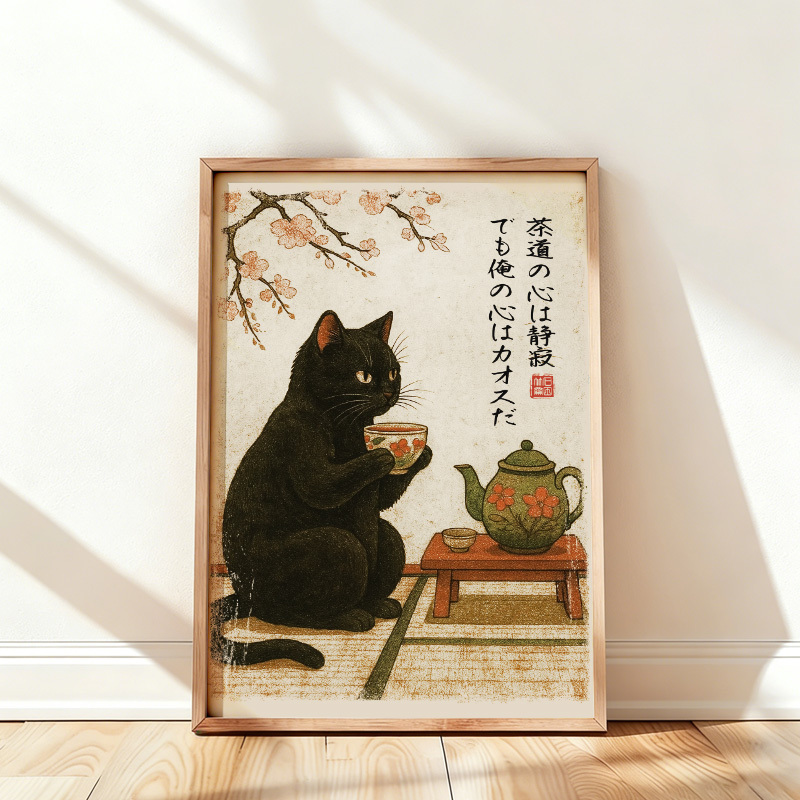 Tokyo-Tiger Tea Time With A Black Cat Wall Art Poster