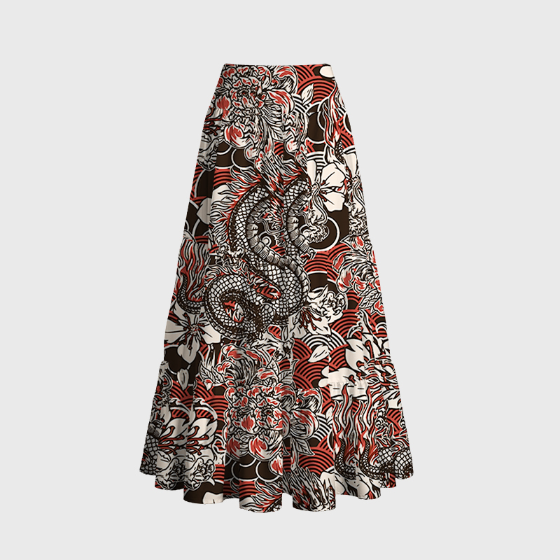 Tokyo-Tiger Japanese Retro Dragon Maxi Skirt