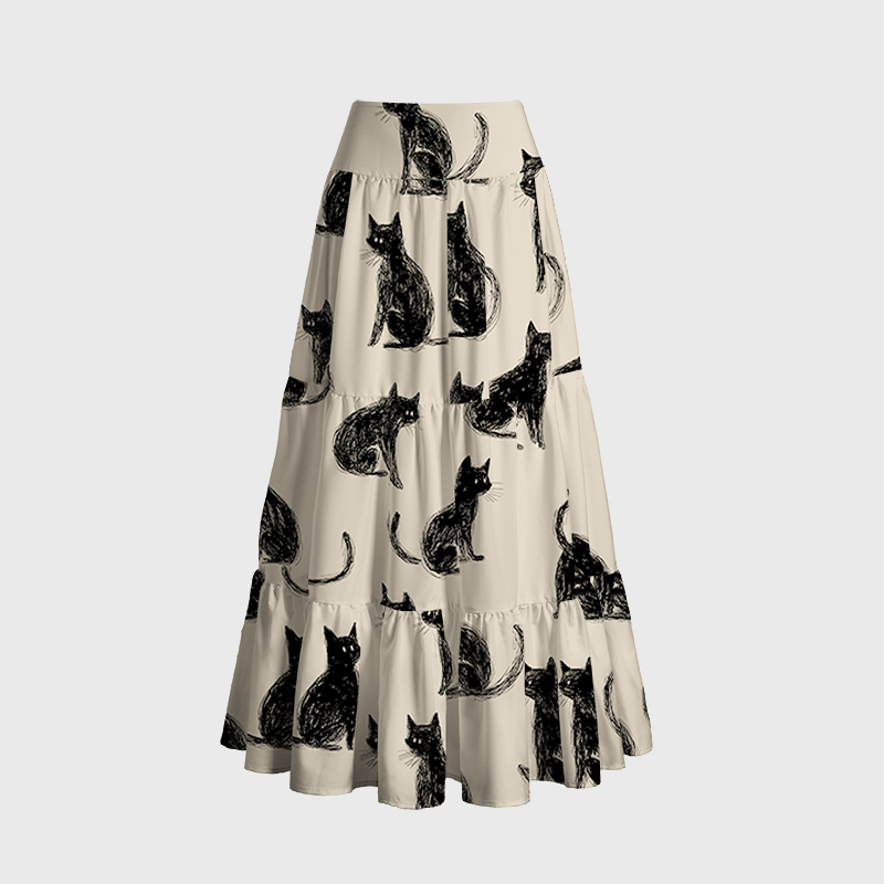 Tokyo-Tiger Black Cat Beige Maxi Skirt