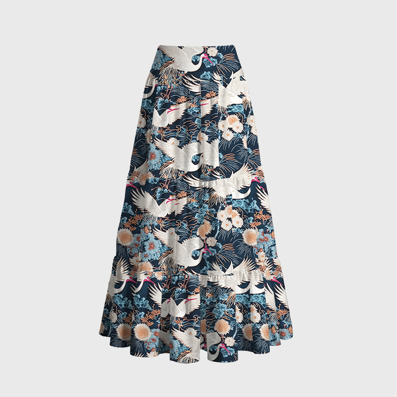Tokyo-Tiger Cranes And Chrysanthemums Maxi Skirt