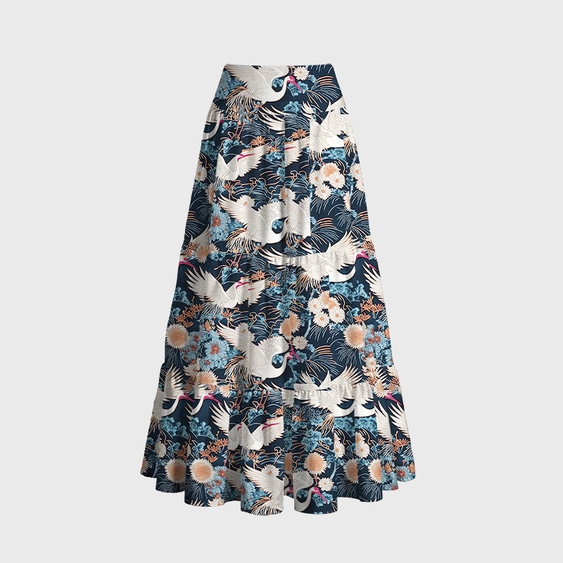Tokyo-Tiger Cranes And Chrysanthemums Maxi Skirt
