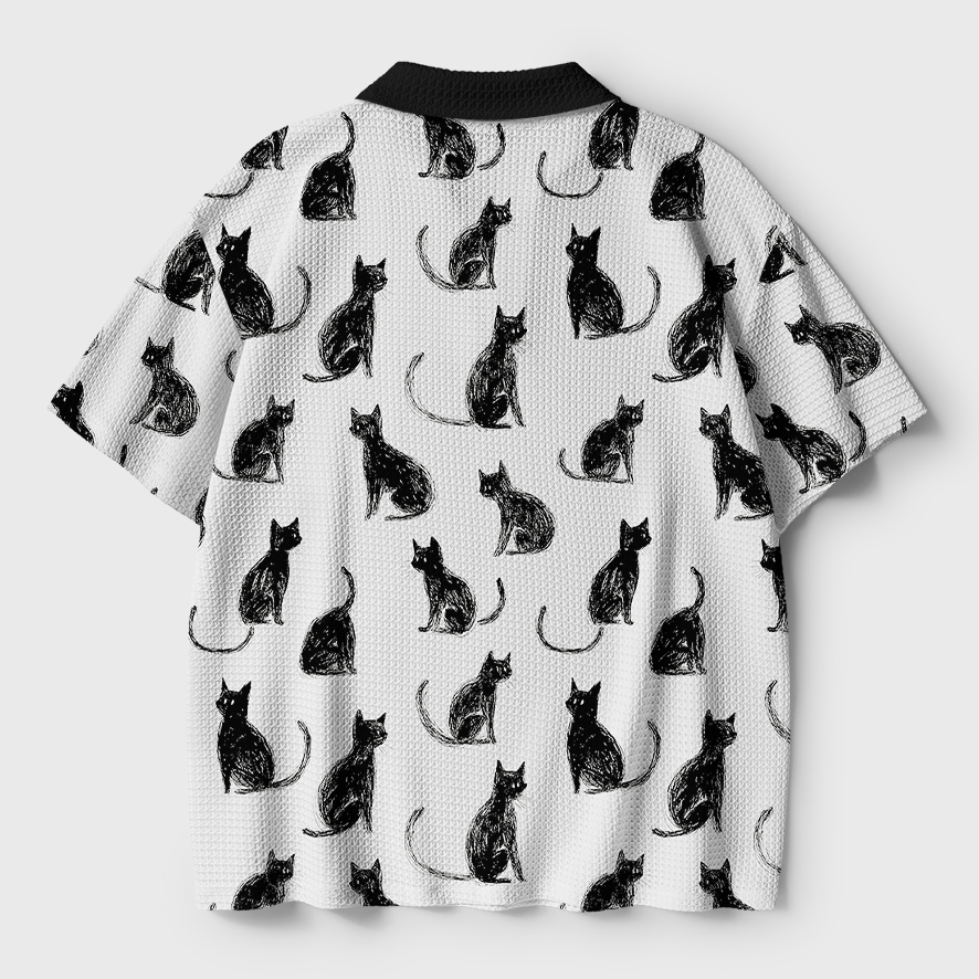 Tokyo-Tiger Black Cat White Crochet Polo Shirt