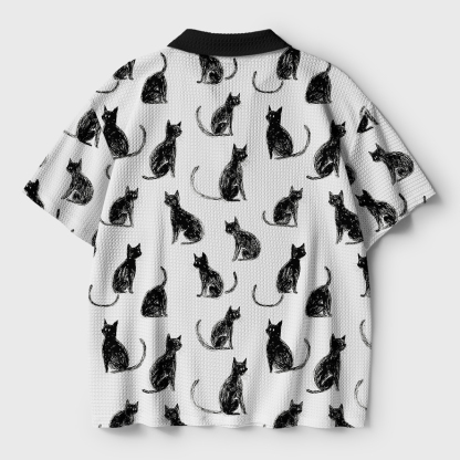 Tokyo-Tiger Black Cat White Crochet Polo Shirt
