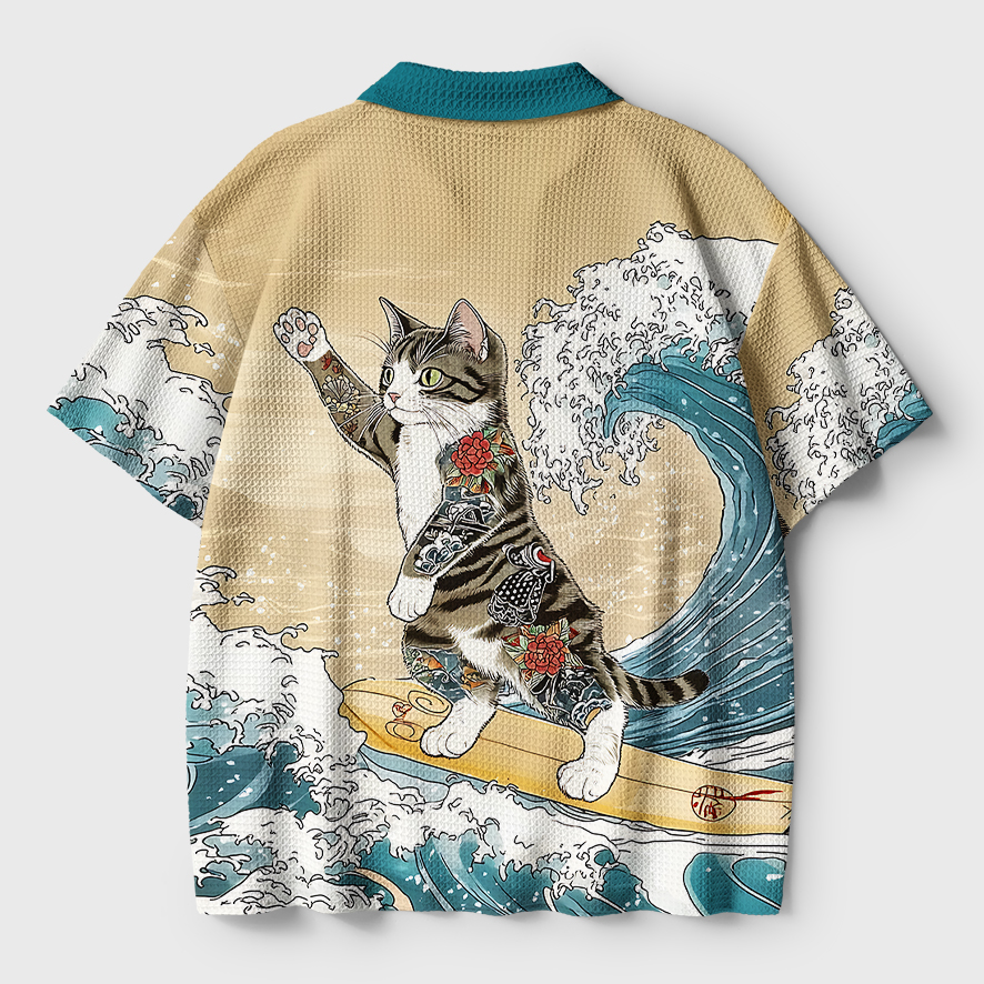 Tokyo-Tiger Cat Surfing Crochet Polo Shirt