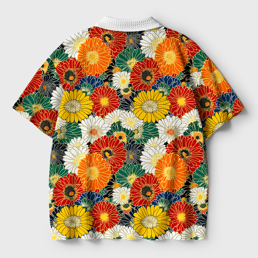 Tokyo-Tiger Colorful Chrysanthemums Crochet Polo Shirt