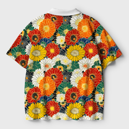 Tokyo-Tiger Colorful Chrysanthemums Crochet Polo Shirt