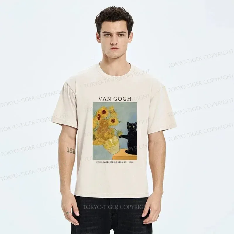 Tokyo-Tiger Black Cat With Sunflowers Washed T-Shirt