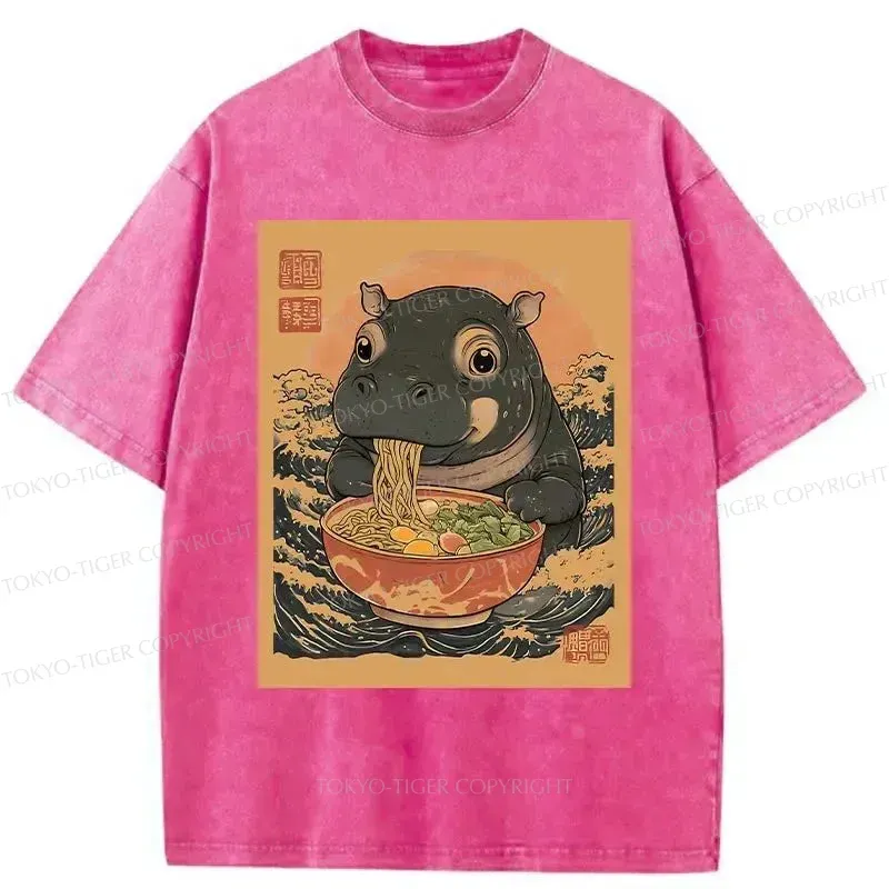 Tokyo-Tiger Moo Deng Eat Ramen Washed T-Shirt