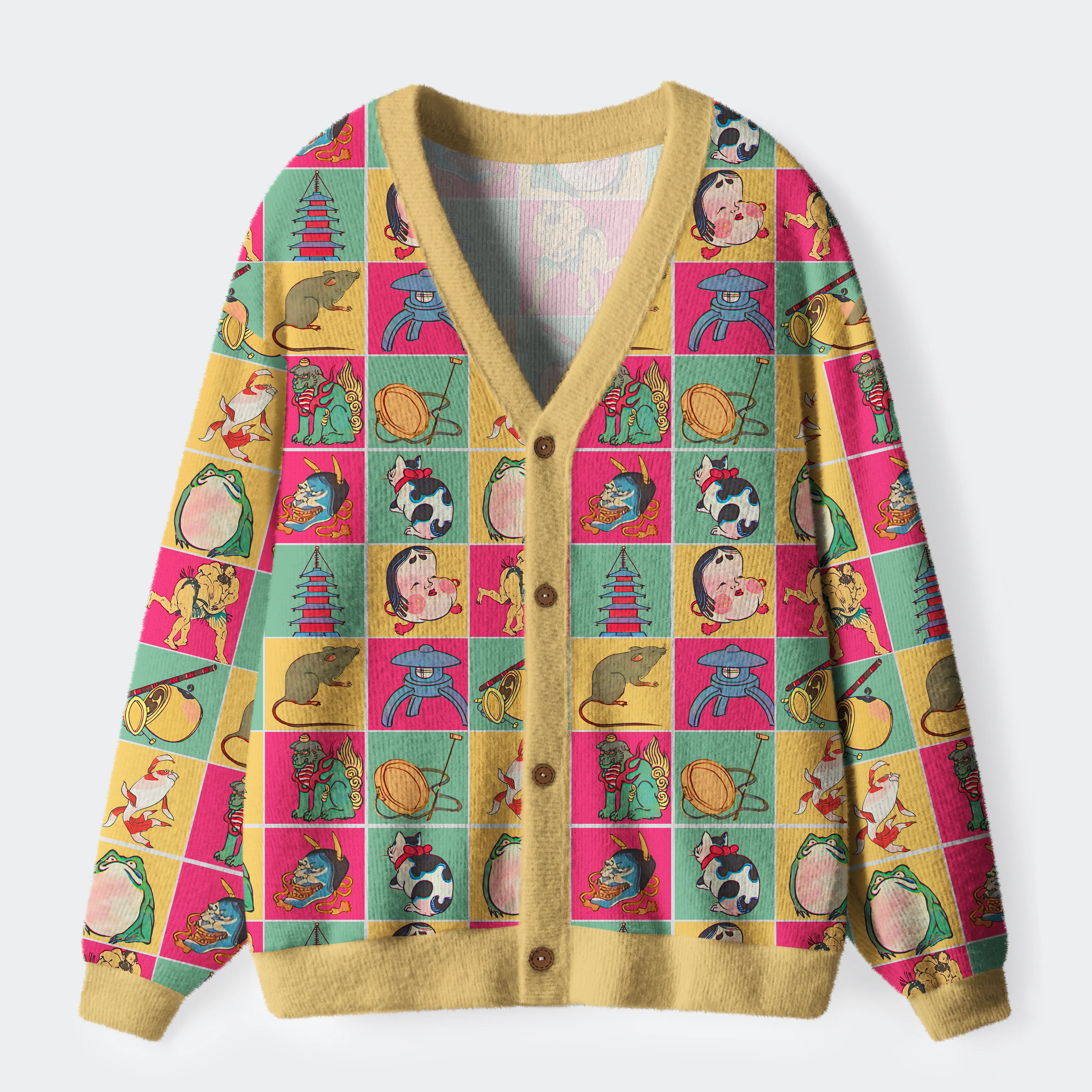 Tokyo-Tiger Playful Ukiyo-e Patchwork Ugly Cardigan Sweater