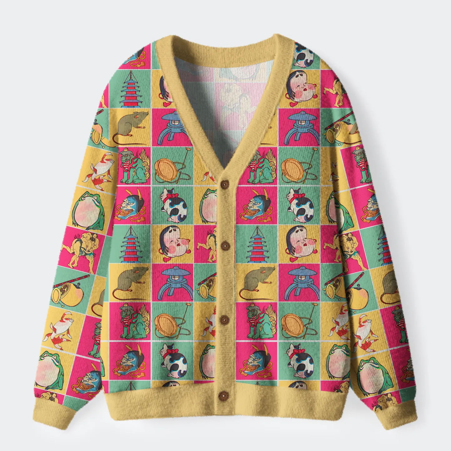 Tokyo-Tiger Playful Ukiyo-e Patchwork Ugly Cardigan Sweater