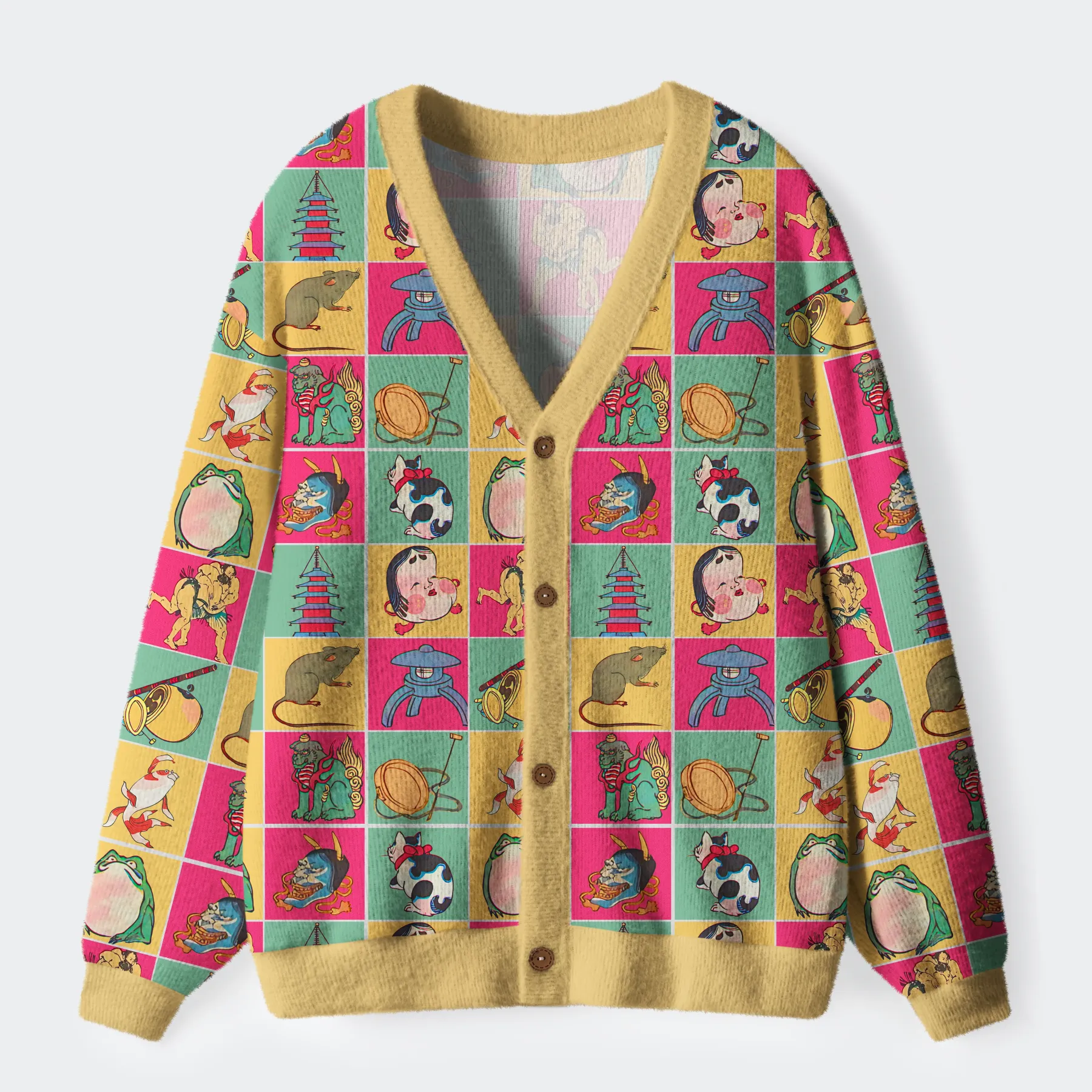 Tokyo-Tiger Playful Ukiyo-e Patchwork Ugly Cardigan Sweater