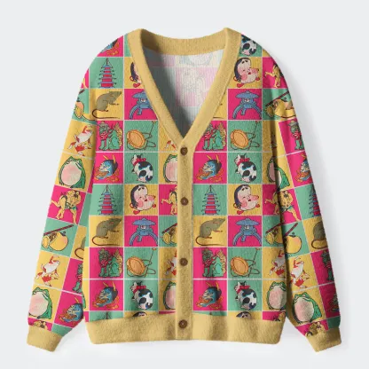 Tokyo-Tiger Playful Ukiyo-e Patchwork Ugly Cardigan Sweater