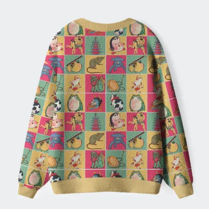 Tokyo-Tiger Playful Ukiyo-e Patchwork Ugly Cardigan Sweater