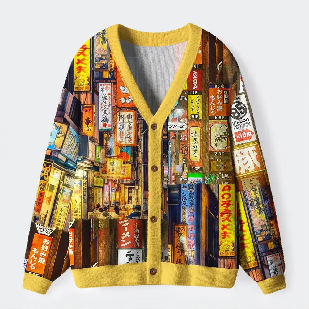 Tokyo-Tiger A Walk Through Japan's Night Glow Ugly Cardigan Sweater